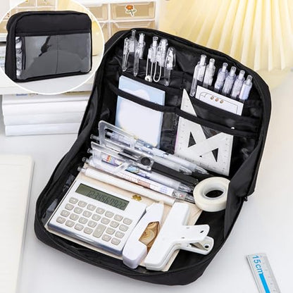 Ristpal 56 PCS Aesthetic School Supplies with Large Pencil Case, 24 Double Brush Marker Pens, 5 Black Ink Gel Pens, 6 Macaron Pencils, 4 Sharpeners, Sticky Notes, Ruler, Erasers, Stationery Gift - color: Black
