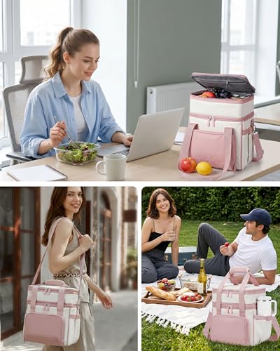 HOMESPON Double Layer Lunch Bag for Women Men, 14L Large Insulated Lunch Box with Shoulder Strap, Expandable Cooler Tote with Cup Holder for Work Office Picnic, Pink - color: Pink