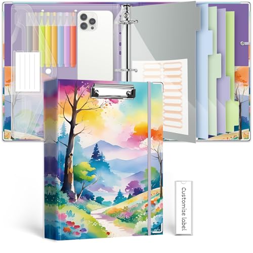 3 Ring 1 Inch Binder Organizer, BVSSX Three Ring Binders with Clipboard, 5-Tabs Pockets Dividers, Plastic Folder, 18 Divider Stikers,Pen Loop (Rainbow Trail, Letter Size) - color: Rainbow Trail, size: 1in（Letter Size）