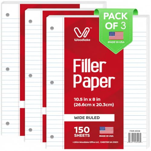 Woodlake Loose Leaf Paper, Wide Ruled Notebook Paper, 8 x 10.5”, 150 Sheets per Pack, 3 Pack Bulk Lined Filler Paper, 3 Hole Punched, 60gsm, Made in USA - color: Wide Ruled, size: 3 PACK(450 SHEETS)
