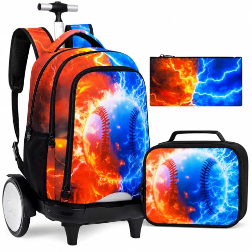 gxtvo Large Wheels & Quiet Glide | Rolling Backpack for Kids - Water-Resistant Wheeled Bag with Lunch Box for School, Travel & Outings - Fire & Lightning Baseball - color: Rolling Backpack Fire Lightning Baseball