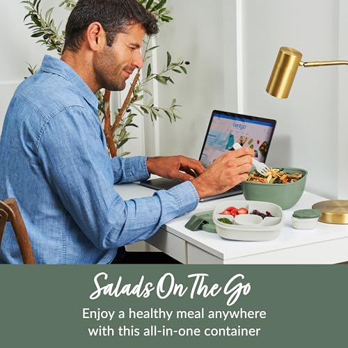 Bentgo Salad Container - 54 oz Bowl with 4-Compartment Toppings Tray, Leak-Proof Dressing Container, Reusable Fork, BPA-Free Lunch Box for Meal Prep & Food Storage; Removable Bento Tray (Khaki Green) - color: Khaki Green