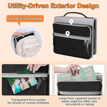 Ndsox Zipper Binder 3 Ring with Handle, 2 Inch O-Ring Document Organizer Middle School Binder with Zipper for Students, 5-Tab Expanding File Folder & 2 Mesh Pouches, DIY Clear Front Pocket, Black - color: Black