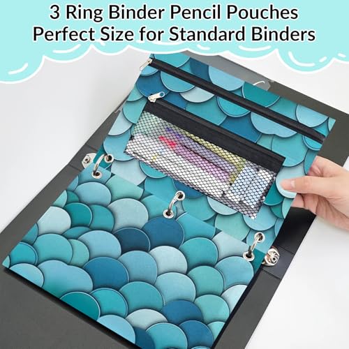 Mermaid Scales Pencil Pouch for 3 Ring Binder Blue Scale Pencil Case Bag with Clear Window Zipper Pockets for Kids Girls Boys Students School College Supplies 2 Pack - color: Blue