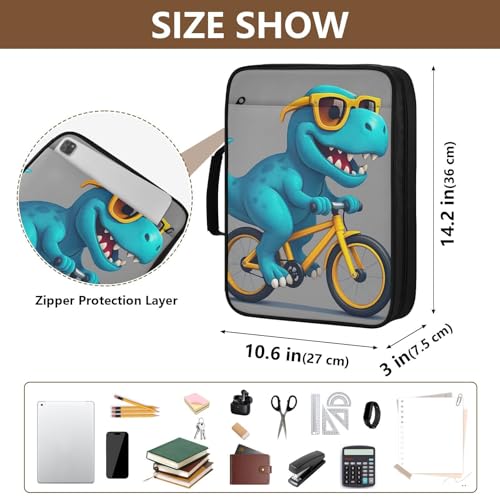 Heavy-Duty 3-Hole Ring System Binder Organizer Portfolio with 7-Pocket Accordion Divider, Blue Dinosaur Portable Expanding File Folder with Elastic Pen Loops Organizer