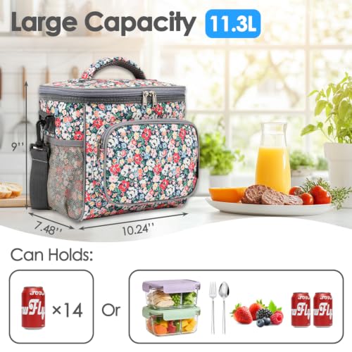 FlowFly Insulated Reusable Lunch Bag Adult Large Lunch Box for Women and Men with Adjustable Shoulder Strap,Front Zipper Pocket and Dual Large Mesh Side Pockets,Floral - color: Floral