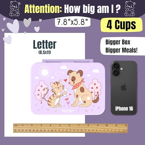BEARFOOT Kids Lunch Box with Compartments – Compact & Lightweight | Leak-Proof, BPA-Free, Dishwasher Safe | Hand-Drawn Design for Preschool, School, Travel (Dog & Cat Purple, 4 Cups) | BPA Free Leakproof Lunch Box with Compartments School & Nursery for Gi
