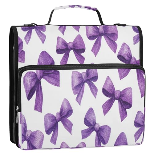 Caikeny 3 Ring Zipper Binder Purple Bows Watercolor Coquette 1.5 inch Binders Bag Expanding File Pockets with Shoulder Strap and Handle - color: Multicolored 1z83.5