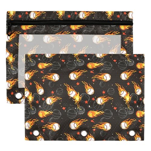 Sports Theme Ball Binder Pouches 3 Ring for Boys Girls School Office College Supplies Baseball Softball White Pencil Pouches Case Bag with Clear Window and Zipper 2 Pack - color: Ball
