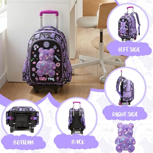 Rolling Backpack for Girls Backpack with Wheels for School Kids Cute Bear Kids Wheeled School Bag 3PCS Set with Lunch Box Pencil Case,Elementary Trolley Bookbag for School Travel - color: Black Purple Bear