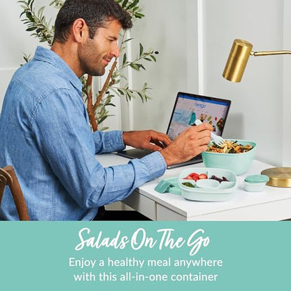 Bentgo Salad Container - 54 oz Bowl with 4-Compartment Toppings Tray, Leak-Proof Dressing Container, Reusable Fork, BPA-Free Lunch Box for Meal Prep & Food Storage; Removable Bento Tray (Coastal Aqua) - color: Coastal Aqua