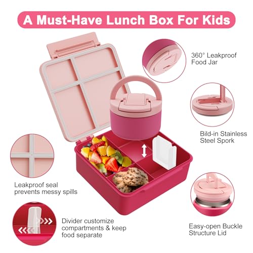 MAXSO Bento Lunch Box Set for Kids with 8 oz Soup Thermo, Leakproof Hot Food Container with 4 Compartments, Insulated Food Jar for Toddler Daycare Boys Girls School - Pink - color: Pink
