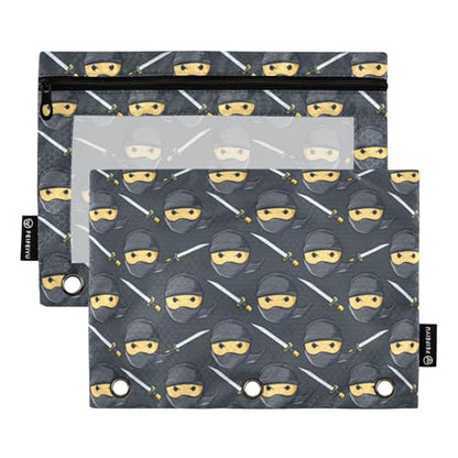 Binder Pencil Pouches Ninja Pattern Pen Case Black | Clear Window 3 Rings, Cosmetic Bags School Office Supplies Cosmetic Makeup Bag 2 Psc - color: Multi-ninja