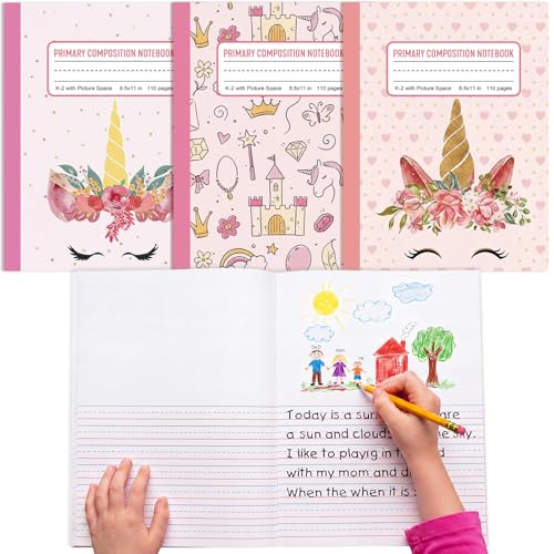 Gueevin 3 Pack Unicorn Primary Composition Notebook with Picture Space Bulk for Grades K-2 110 Page 8.5 X11'' Half Primary Journal K-2 Drawing Story for Back to School First Day of School - style: Unicorn