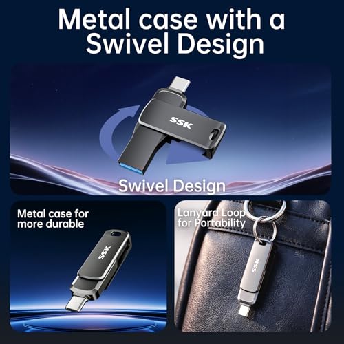 SSK 128GB USB Flash Drive,Up to 450MB/s Read,2 in 1 USB C+A Thumb Drive | USB 3.2 Gen 2 Memory Stick, 1GB in 2.3s, Zinc Alloy Keyhole, for iPhone 15/16/17, Android, Laptop, Car Audio - size: 128GB