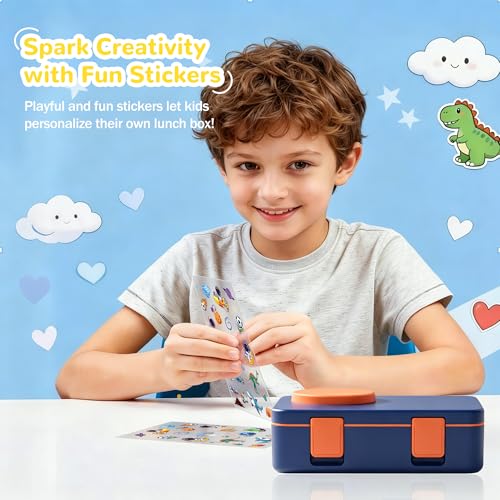 Bento Box for Kids, Leakproof Kids Bento Lunch Box Container with 8oz Insulated Thermo Food Jar, Sauce Jar, Utensil, DIY Stickers for School Boys Girls, 3-4 Compartments, BPA-Free - color: Navy Orange
