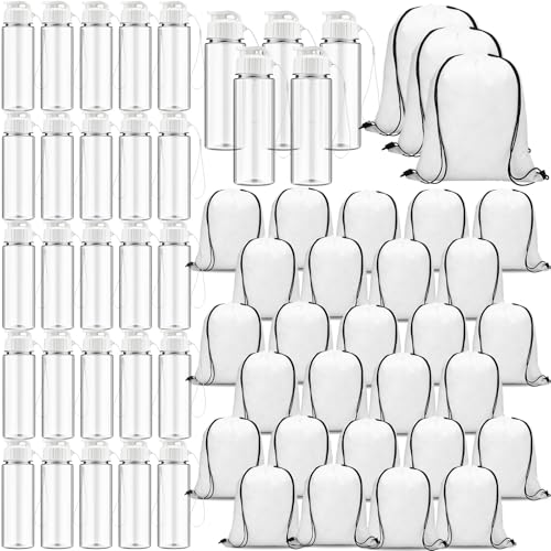 60 Pcs 17 oz Plastic Water Bottles Bulk and Drawstring Backpack Set for School 30 Reusable Plastic Biking Water Bottle 30 Sport Gym Goodie Gift Bag for Summer Party Outdoor Gym Travel (White) - color: White, size: Transparent
