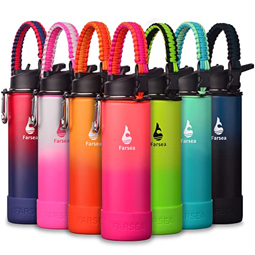 Farsea Insulated Water Bottle With Paracord Handle, Protective Silicone Boot and 2 Lids (Straw Lid & Spout Lid), Stainless Steel Water Bottle Wide Mouth, Double Wall Sweat-Proof BPA-Free, 24 oz - color: Coral/Punch, size: 24 Ounces