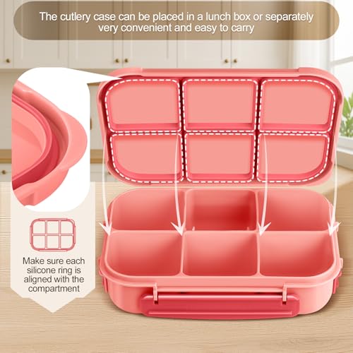 Amathley Lunch Box Kids Girls Boys,Bento Box Adult,Toddler Lunch Containers for School,Leakproof Snack Containers with 6 Compartments,Sauce Container,10 Food Picks and 4 Muffin Cups (Pink) - color: Pink