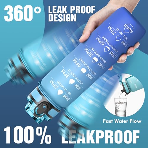 OLDLEY Water Bottle, 32oz Motivational Sports Water Bottle with Time Marker - Times to Drink - Tritan, BPA Free, Wide Mouth Leakproof,Sky - color: Sky