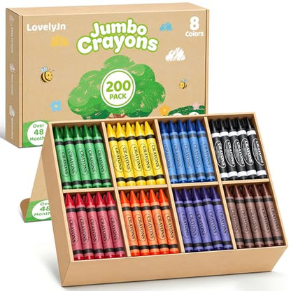 200 Count Jumbo Crayons Bulk Set, 8 Colors Washable Silky Crayons, Non-Toxic School Supplies & Art Supplies for Preschool Kindergarten Classrooms, Easter Basket Stuffers Party Favors Gifts for Kids 3+