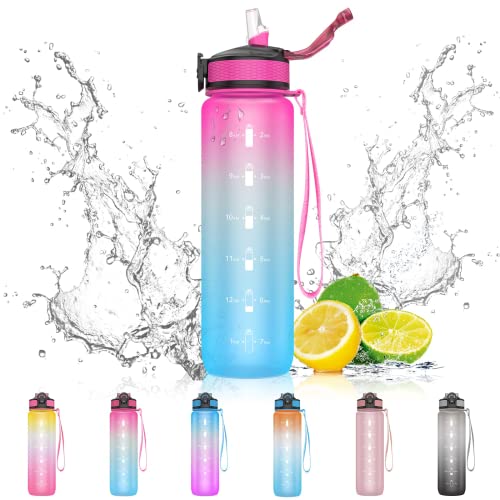 EYQ 32 oz Water Bottle with Time Marker, Carry Strap, Leak-Proof Tritan BPA-Free, Ensure You Drink Enough Water for Fitness, Gym, Camping, Outdoor Sports - color: 2.Fuschia/Green Gradient