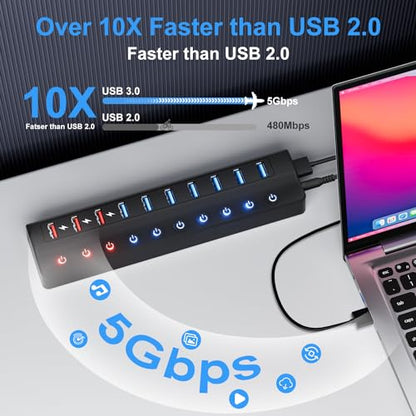 ONFINIO Powered USB Hub, 10-Port USB Splitter Hub | (7 Faster Data Transfer Ports+ 3 Smart Charging Port) with 12V/3A Power Adapter USB Extension for Mac, PC and More - style: 10 PORT QC 3.0