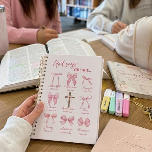 Bible Pink Bow Notebook Journal for Women, Christian Girl Energy Journal, Christian Study Notebook, Cute Preppy Bible Study Spiral Notebook for Bible Notes 5.5 x 8.3 - color: pink god says