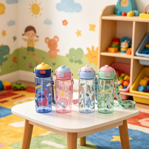 20oz Leak Proof Kids Water Bottle with Detachable Strap, Zoo | Sturdy, Shock-Resistant, Large Capacity, One-Touch Lid Opening, with Straw for School and Travel, BPA Free, Dishwasher Safe - color: Zoo