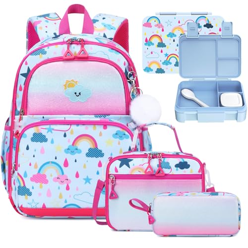 Kids Backpack for Girls - 4PCS Girls Backpack Bento Box with Lunch Bag & Utensils Set for Kids - 4 Leakproof Compartments Removable Tray Lunches or Snack Container for School - color: 4pcs C Rainbow