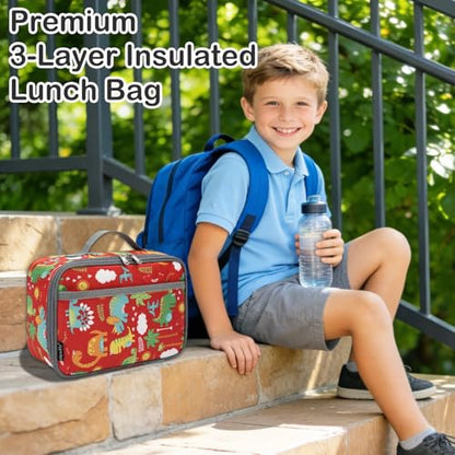 FlowFly Kids Lunch box Insulated Soft Bag Mini Cooler Back to School Thermal Meal Tote Kit for Girls, Boys,Dinosaur&Coconut - color: Dinosaur&Coconut