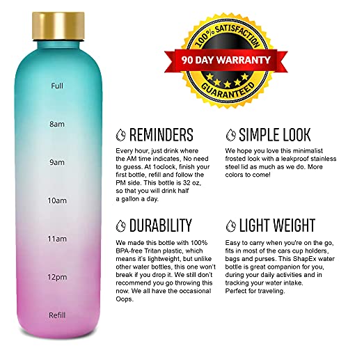 SHAPEX - Time Marked Cute Water Bottles For Women And Men With Times To Drink, BPA Free Frosted & Aesthetic Water Bottle With Time Marker, Clear Water Bottle 1 Liter | 32 Oz (Green Purple)