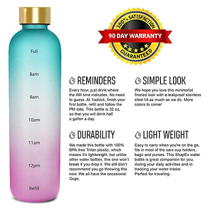 SHAPEX - Time Marked Cute Water Bottles For Women And Men With Times To Drink, BPA Free Frosted & Aesthetic Water Bottle With Time Marker, Clear Water Bottle 1 Liter | 32 Oz (Green Purple)