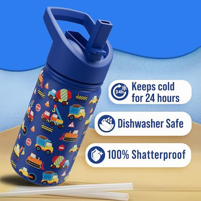 Klevly Stainless Steel 14 OZ Kids Water Bottle with Straw | BPA-Free Insulated Water Bottle with Leak-Proof Lid | Construction Design Bottle for School - color: Construction