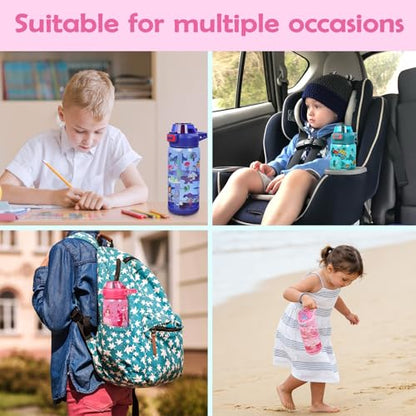 20oz Kids Water Bottle For School or Travel, Leak-Proof & Dishwasher, Durable Plastic Sport Water Bottle With Straw and Handle, Carousel - color: Pink carousel