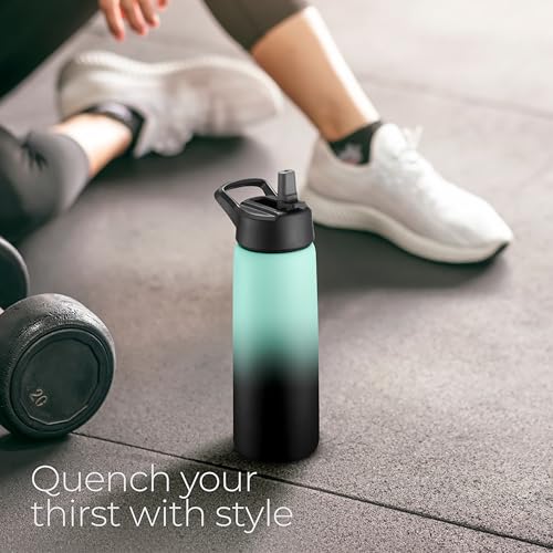 SipX™ 25 oz Insulated Water Bottle with 3 Lids – Leakproof Stainless Steel, Triple Insulated – Cold 24 Hours/Hot 12 Hours – Durable Bottle for School, Gym, Travel – Gradient Mint Black - color: Gradiant Mint Black, size: 25 Ounces