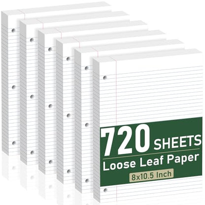 6 Pack Loose Leaf Paper, 120 Sheets Notebook Lined Pads, 8 x 10.5 College Ruled Filler Paper, 3-Hole Punched, White Loose Leaf Notebook Paper for 3 Ring Binders, for Home & Office, School Supplies - color: White