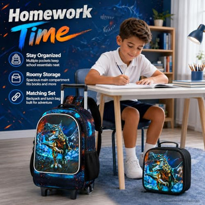CCJPX 3PCS Dinosaur Rolling Backpack for Boys,Kids Backpacks with Roller Wheels, Wheeled Bookbag with Lunch Box for Toddler Elementary School-Black - color: Black Dinosaur