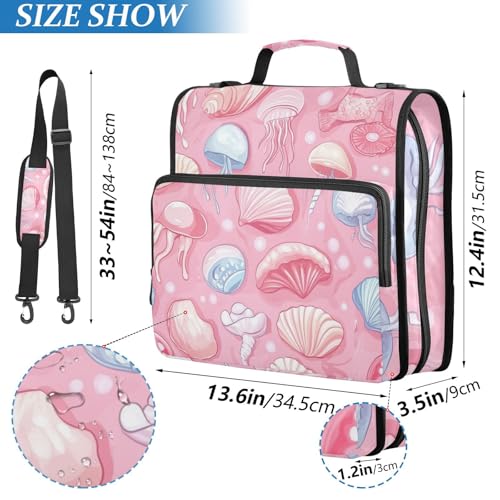 Pink Shells and Jellyfish Zipper Binder 3 Ring 1.5 Inch School Binder Organizer with Shoulder Strap Handle File Folder Pockets Large Capacity Students Girl Boy Men Office Work - color: Pink Shells and Jellyfish