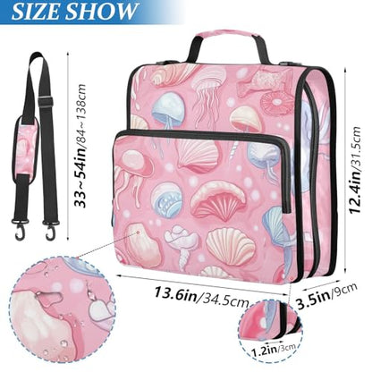 Pink Shells and Jellyfish Zipper Binder 3 Ring 1.5 Inch School Binder Organizer with Shoulder Strap Handle File Folder Pockets Large Capacity Students Girl Boy Men Office Work - color: Pink Shells and Jellyfish