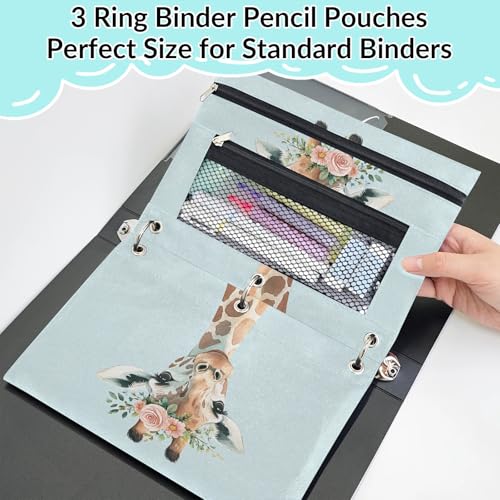 Cute Giraffe Pencil Pouch for 3 Ring Binder wreath Floral Pencil Case Bag with Clear Window Zipper Pockets for Kids Girls Boys Students School College Supplies 2 Pack - color: Blue Brown