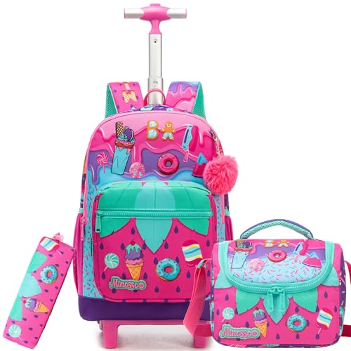 Rolling Backpack for Girls,Backpack with Wheels for Kids 8–12,Lightweight Wheeled School Backpack with Lunch Box,Cute Bookbag for Elementary and Middle School - color: Pink Ice Cream