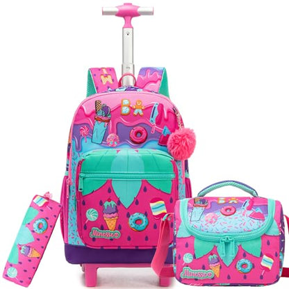 Rolling Backpack for Girls,Backpack with Wheels for Kids 8–12,Lightweight Wheeled School Backpack with Lunch Box,Cute Bookbag for Elementary and Middle School - color: Pink Ice Cream