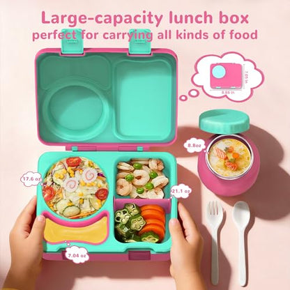 Bento Box for Kids, Leakproof Kids Bento Lunch Box Container with 8oz Insulated Thermo Food Jar, Sauce Jar, Utensil, DIY Stickers for School Boys Girls, 3-4 Compartments, BPA-Free - color: Rose Pink