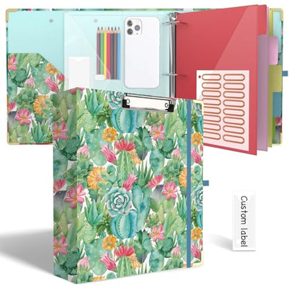 3 Ring Binder 2 Inch for Letter Size 8.5" x 11" Paper, Clipboard Binder with 5 Tabbed Dividers with Pockets, Plastic Folder and 40 Divider Stickers, School and Office Supplies, Cactus Flowers - color: Cactus Flowers, size: 2 Inch
