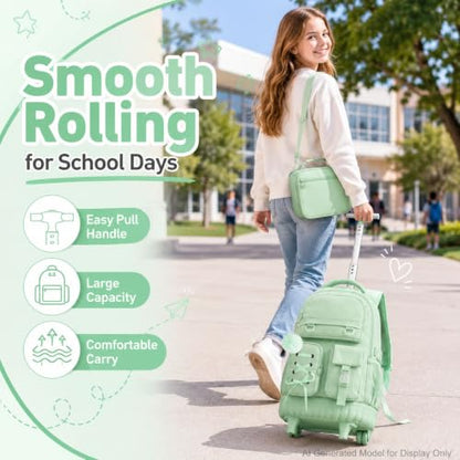 KLFVB Roller Backpack for Girls, 3PCS Rolling Bookbag with Lunch Bag for Kids, Wheeled School Bag for Teen - Cyan Ribbon Bow - color: Cyan Ribbon Bow Rolling Backpack