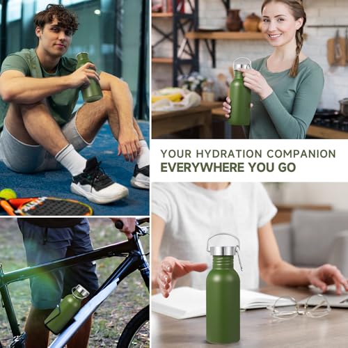 Volhoply 20oz Uninsulated Single Walled Water Bottle, Stainless Steel Reusable Water Bottles with Handle & Carabiner, BPA Free 18/8 304 Sports Water Bottles for Camping Hiking（Army Green,1） - color: Army Green