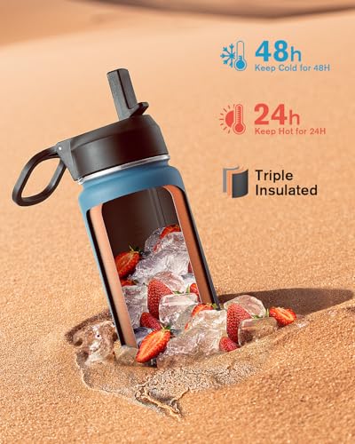 Coolflask 20 oz Insulated Water Bottle with Straw & 3 Leakproof Lids | Water Flask Stainless Steel Triple-Wall Vacuum, Cupholder Friendly, Cold 48+h, Dishwasher Safe, Non-BPA, for Gym & Hiking - color: Samurai Cyan, size: 20 Ounces