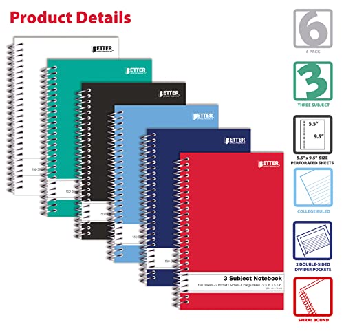 Better Office Products 3 Subject Spiral Notebooks, 9.5 x 5.5 inch, 6 Pack, 150 Sheet Notebook with 2 Double-Sided Pocket Dividers, Assorted Solid Color Covers (College Ruled)