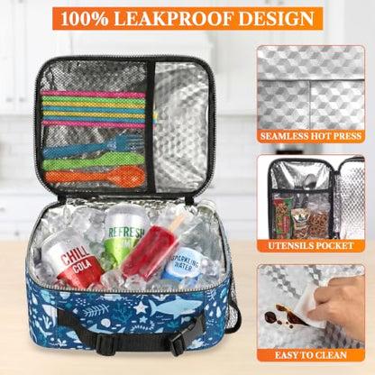 opux Insulated Lunch Bag for Kids, Reusable Lunch Box for School with Leakproof Lining, Compact Soft Cooler Tote for Boys & Girls, Front Pocket, Mesh Side Bottle Holder (Blue Shark) - color: Blue Shark